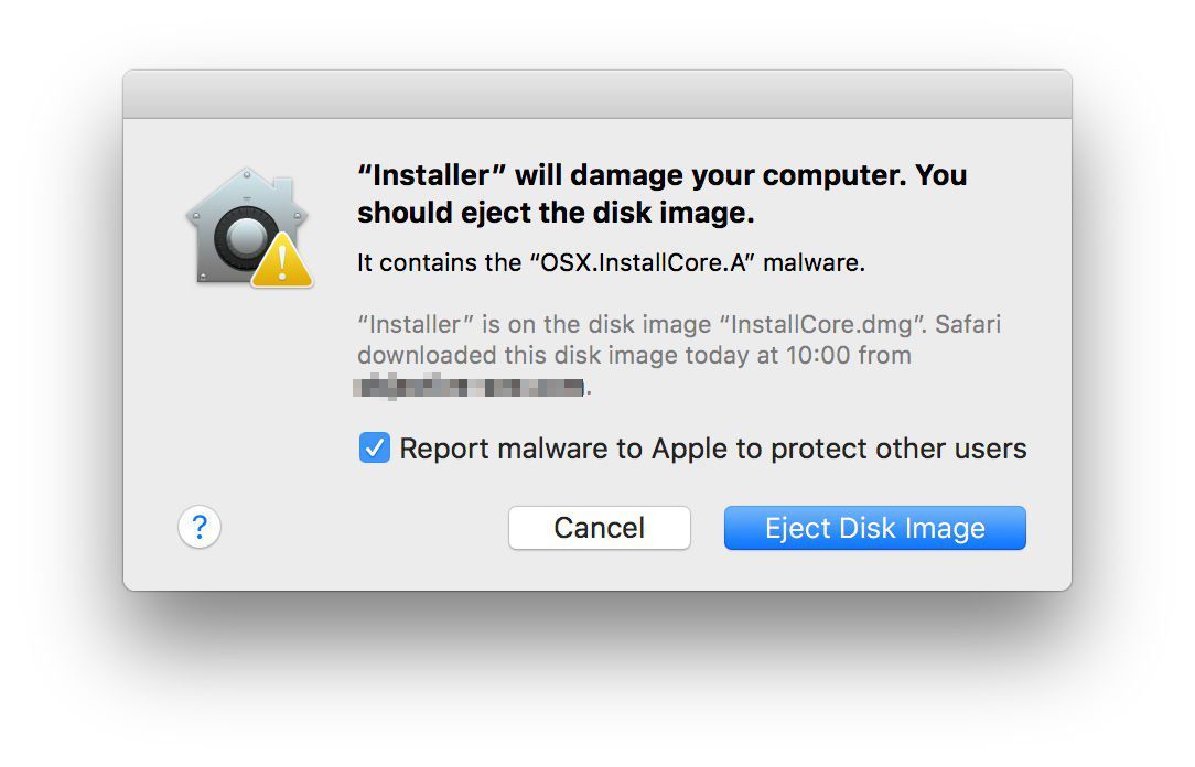 Скриншот предупреждения XProtect об опасном программном обеспечении.