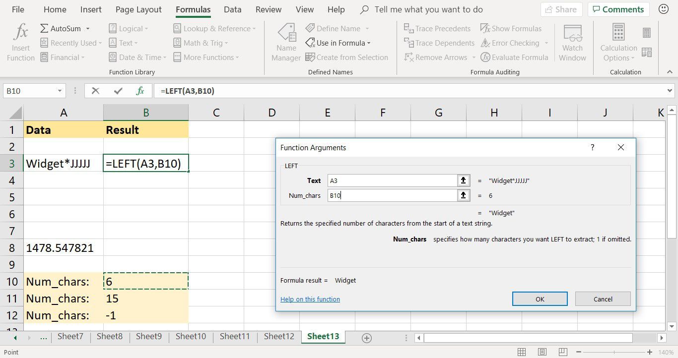 Снимок экрана, показывающий, как войти в левую функцию в Excel