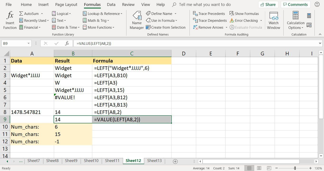 Снимок экрана Excel с функцией VALUE