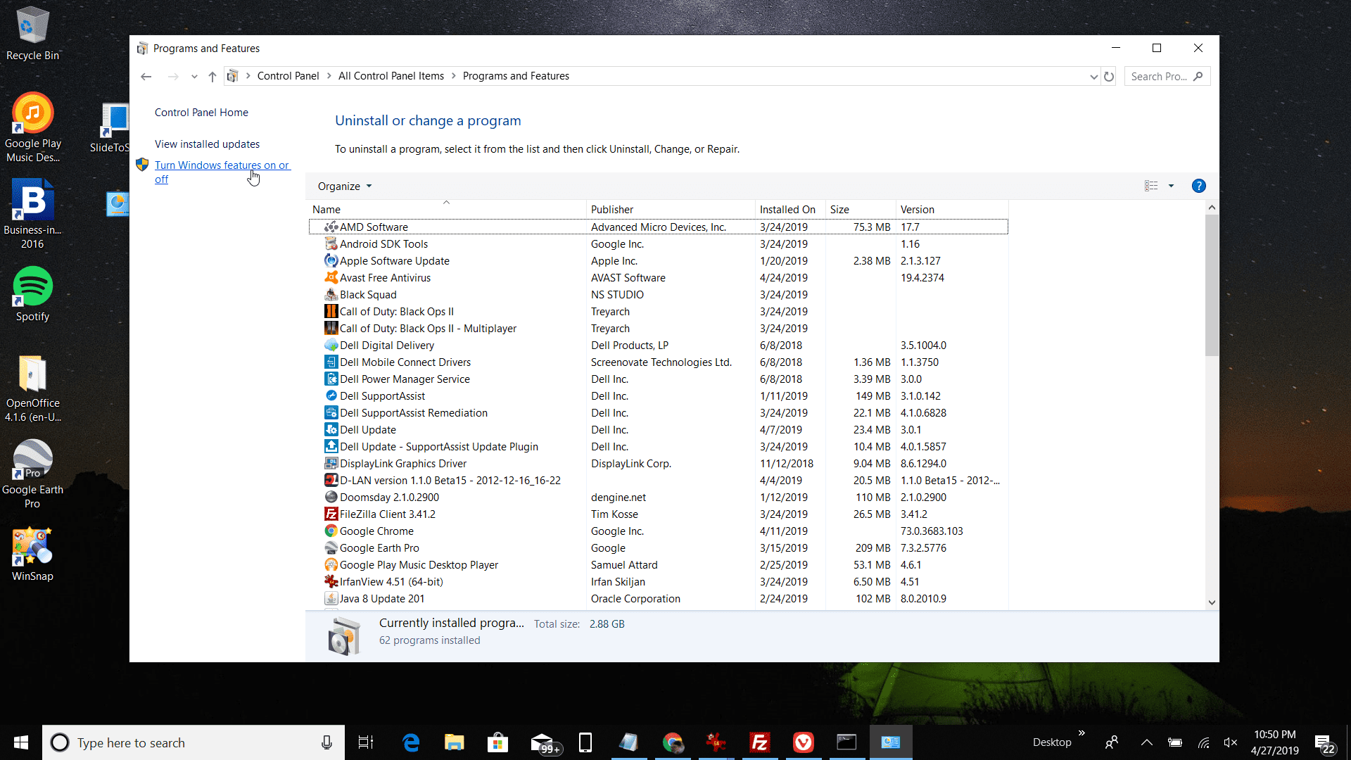 Снимок экрана: программы и компоненты в Windows