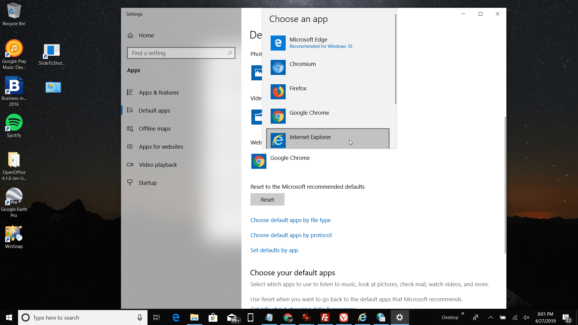 Снимок экрана настройки браузера по умолчанию в настройках Windows