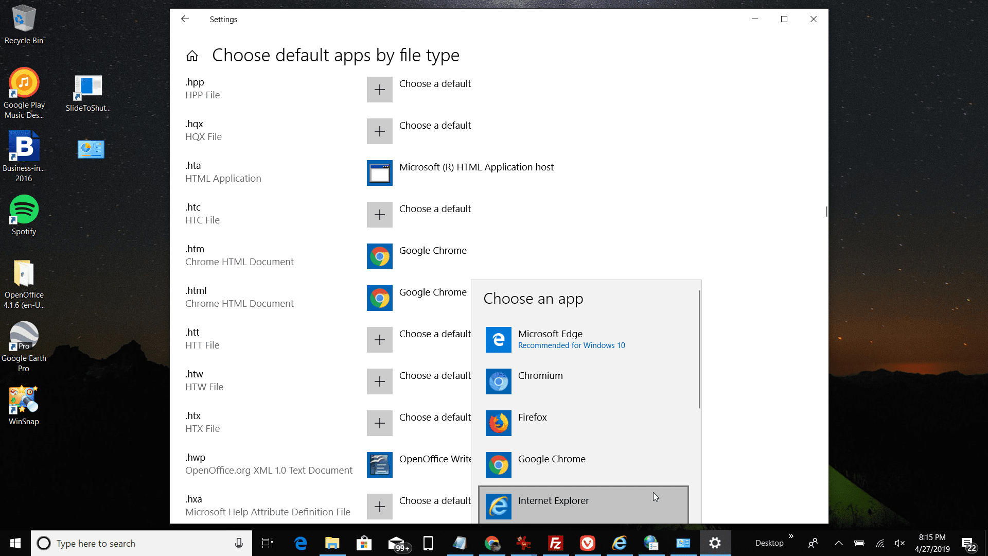 Снимок экрана выбора Internet Explorer из списка приложений по умолчанию
