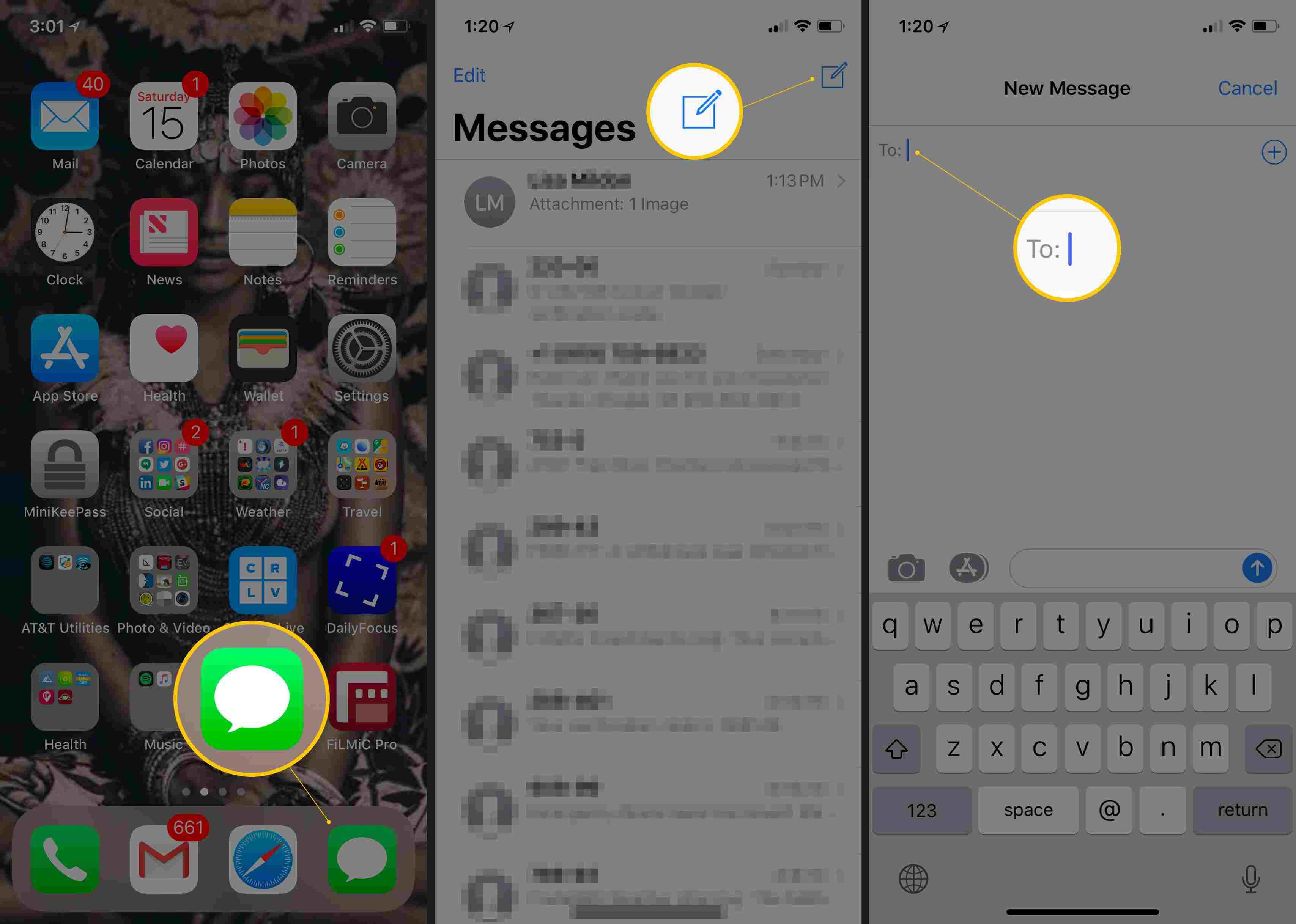 На трех экранах iOS отображаются значок «Сообщения», «Новое сообщение» и поле «Кому:»