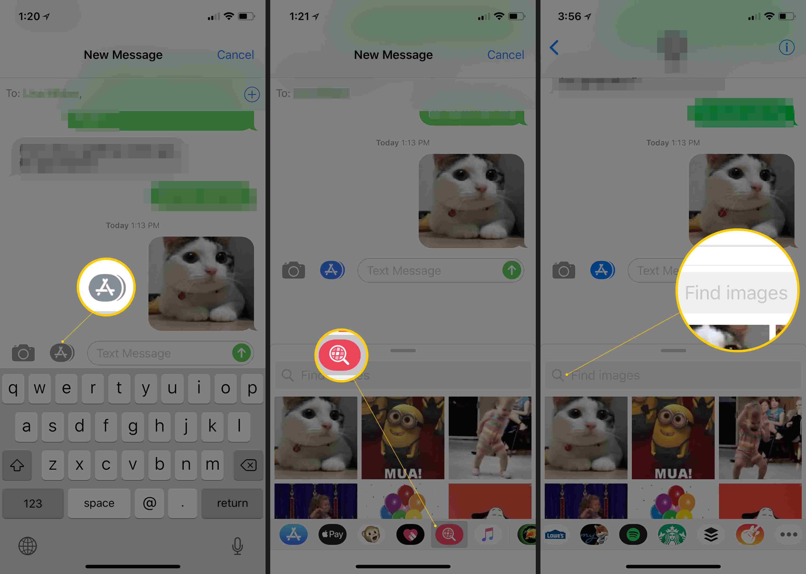 Три экрана iOS, на которых отображается ящик приложения, кнопка GIF и поле «Найти изображения»