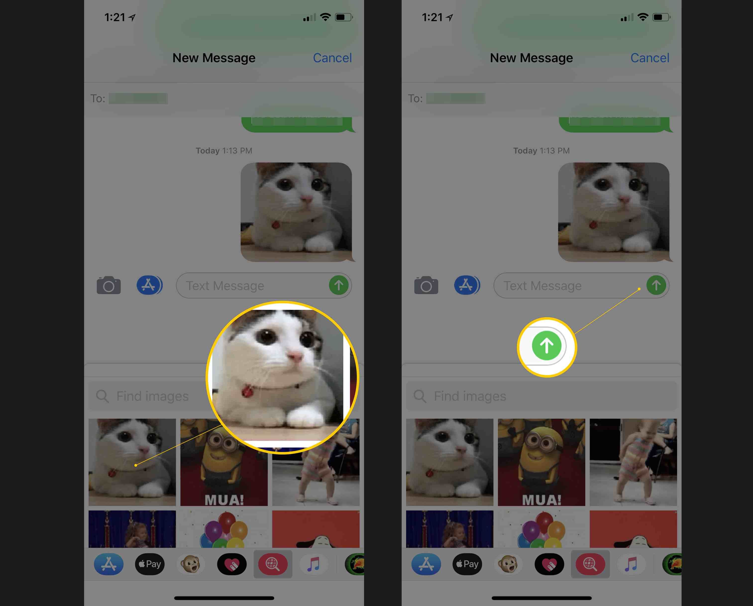Два экрана iOS, показывающие выбор GIF в сообщениях и кнопку «Отправить»