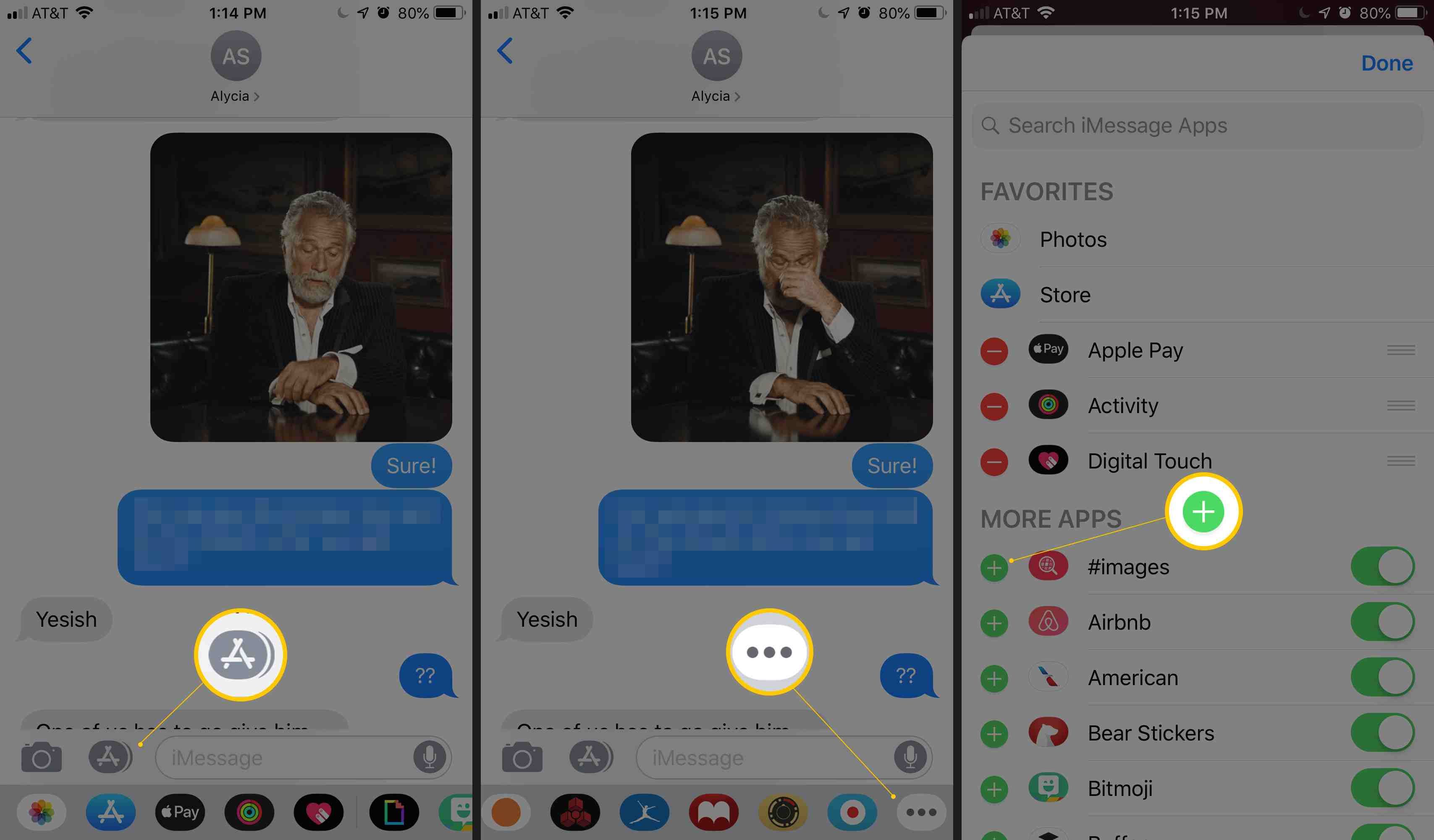 Три экрана iOS с ящиком приложения, кнопкой «Дополнительно» и зеленой кнопкой «плюс» для добавления изображений в избранное