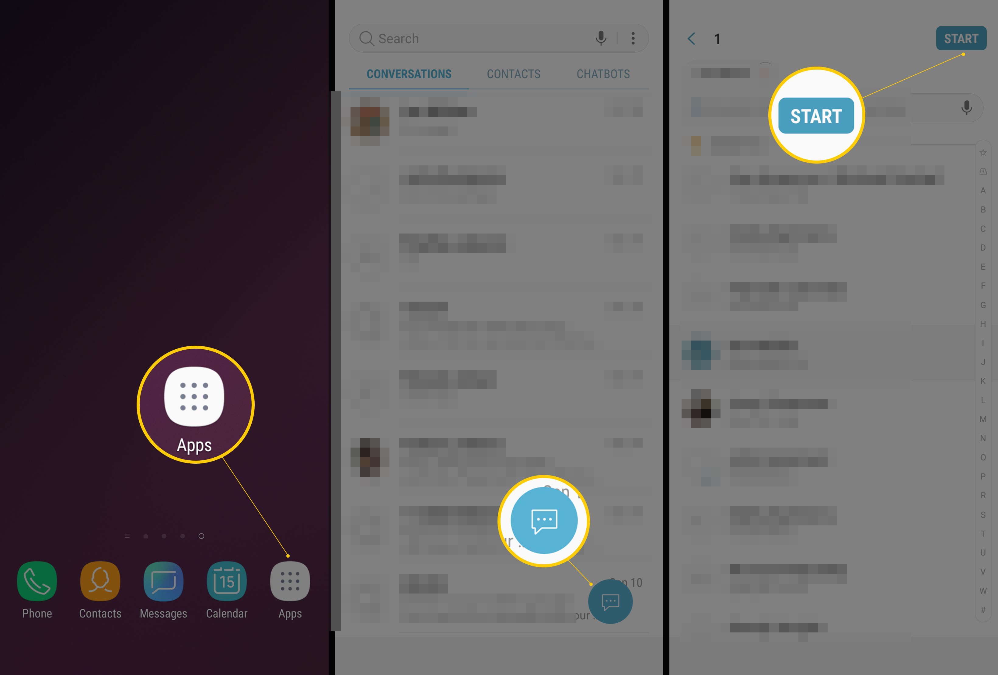 Три экрана Android с кнопками «Приложения», «Речевой пузырь» и «Пуск» для создания текста в формате GIF
