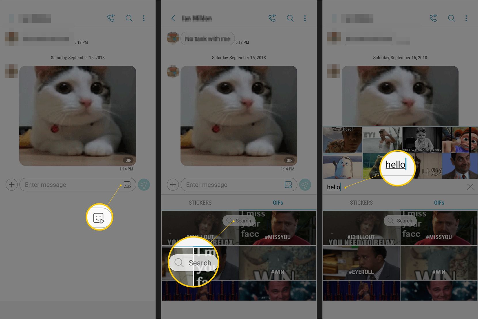 Три экрана Android с кнопкой GIF, полем поиска и