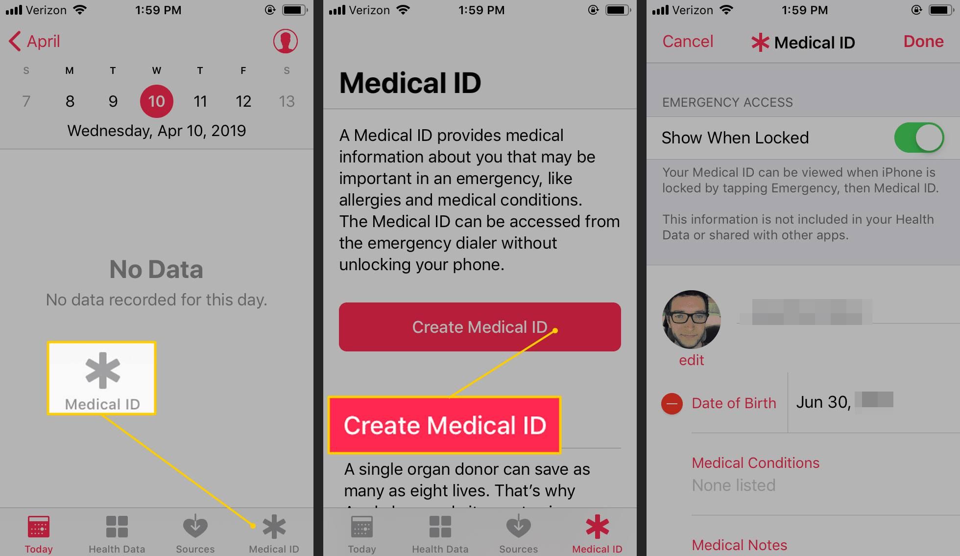 Медицинский идентификатор, кнопки «Создать медицинский идентификатор» и информационную страницу «Медицинский идентификатор» в iOS