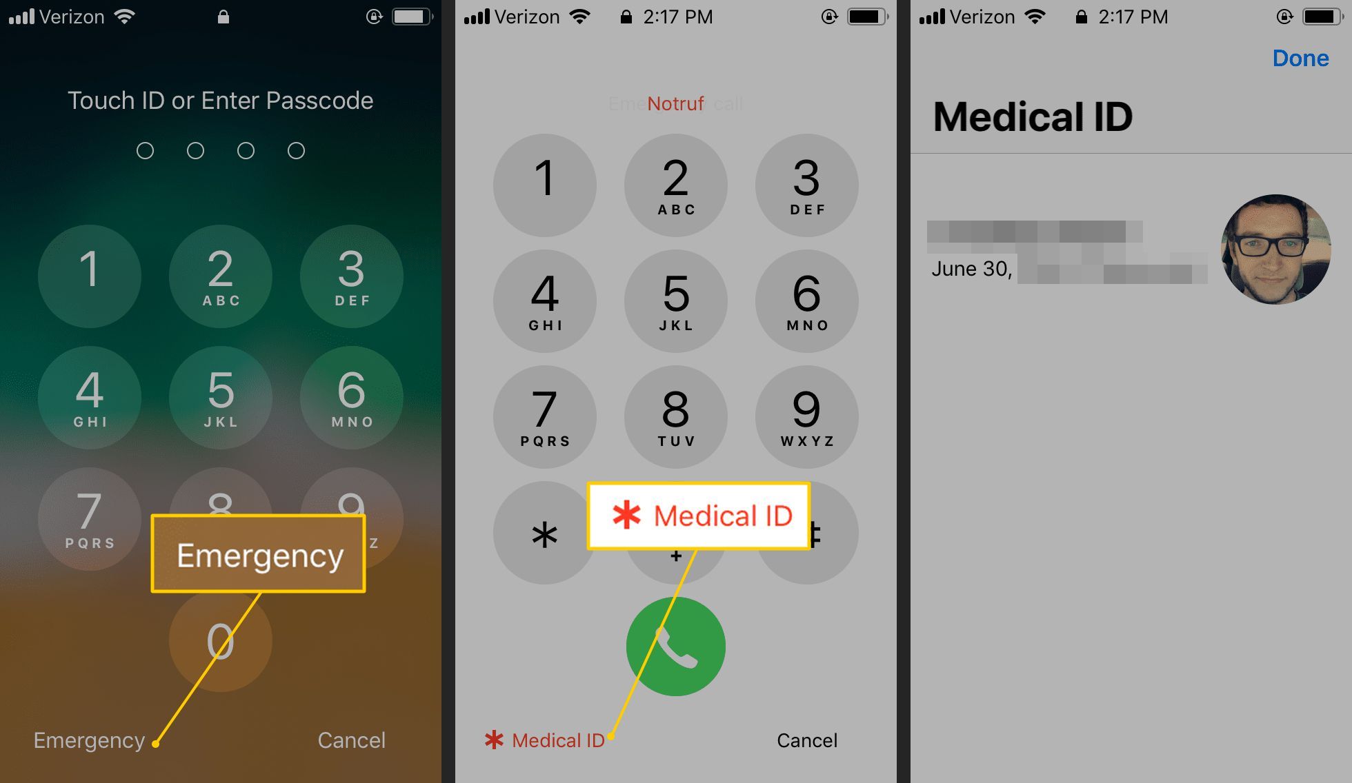 Экстренный, медицинский и основной идентификационный экран на iOS
