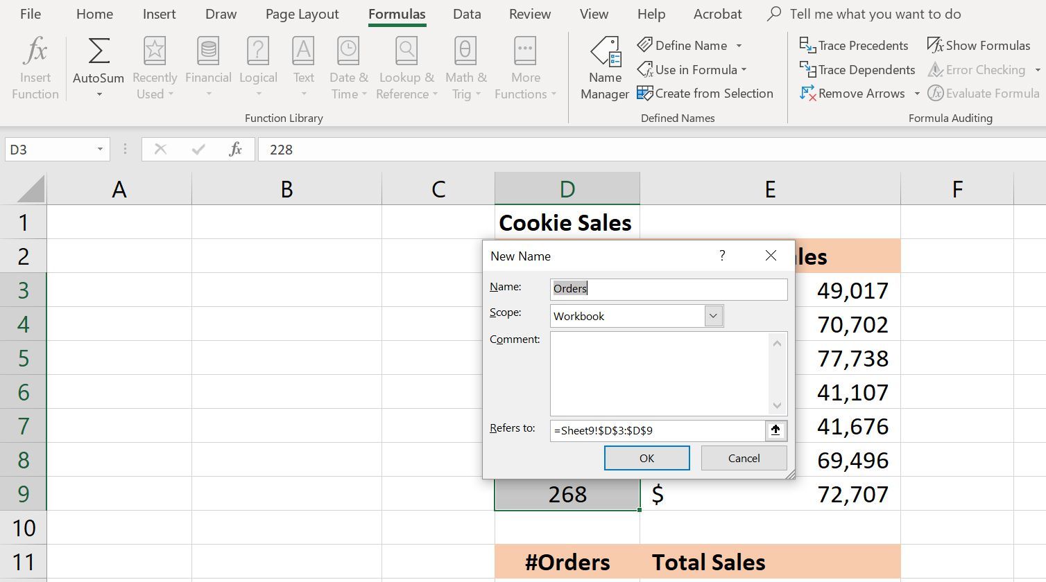 Электронная таблица Excel с диалоговым окном диспетчера имен для создания именованного диапазона