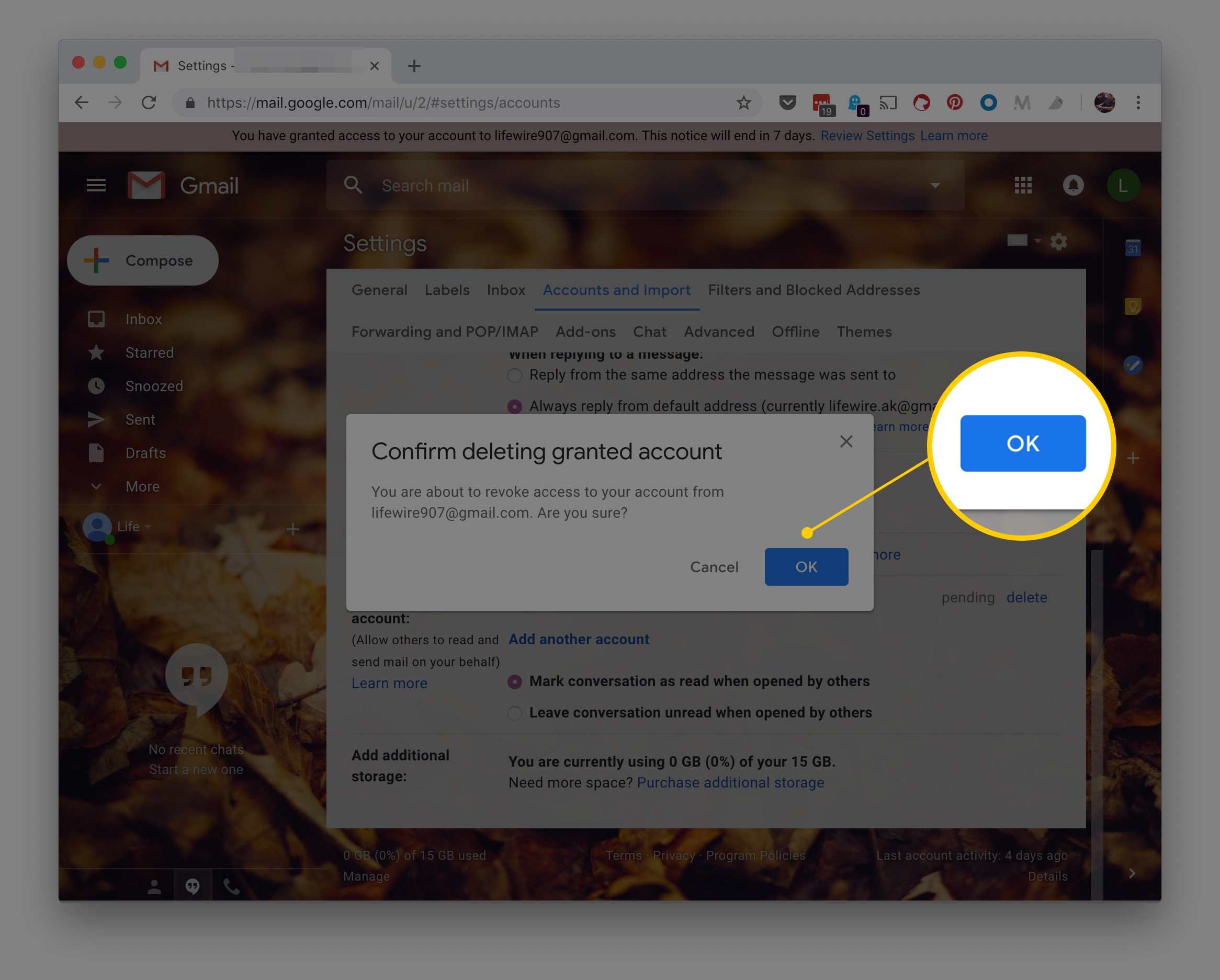 Кнопка ОК для удаления предоставленной учетной записи в настройках Gmail