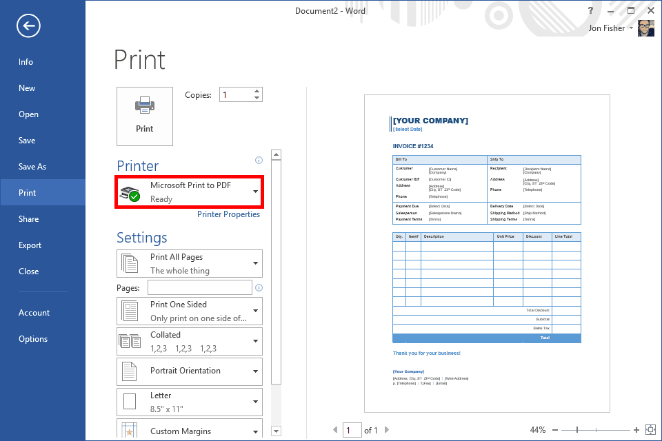 Снимок экрана опции печати Windows 10 в формате PDF в документе Microsoft Word
