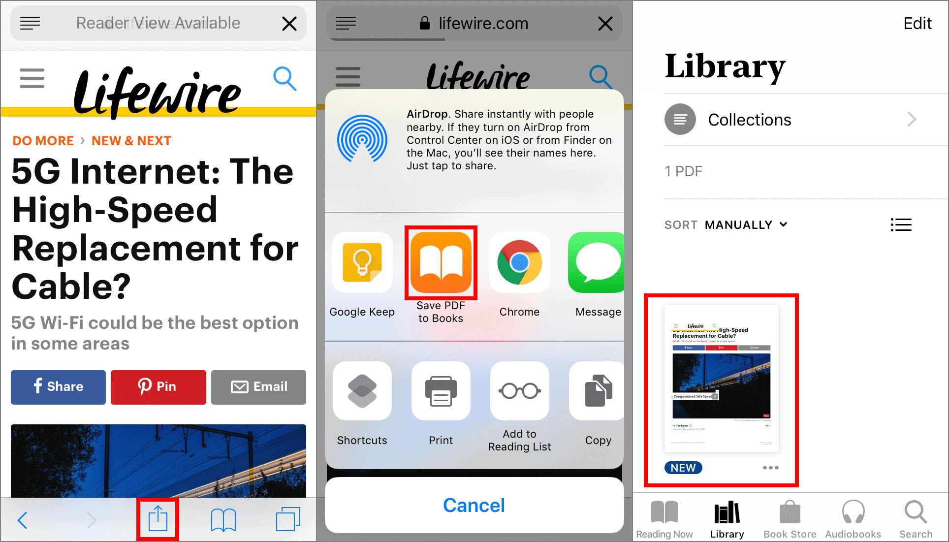 Снимки экрана, показывающие, как преобразовать веб-страницу в PDF на iPhone с помощью Safari и Apple Books