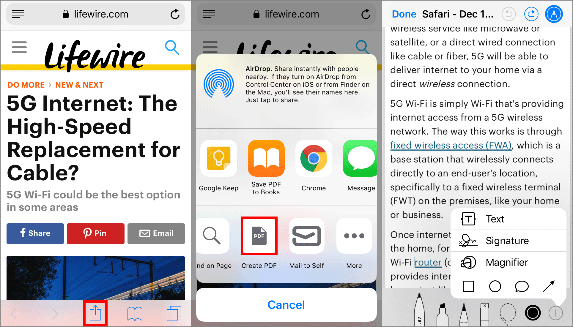 Снимки экрана, показывающие, как использовать параметр «Создать PDF» в Safari для сохранения веб-страницы в PDF с iPhone
