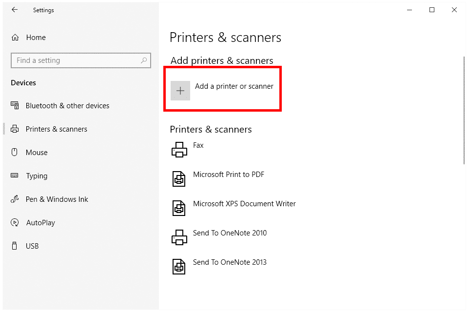 Снимок экрана: параметр добавления принтера или сканера в Windows 10
