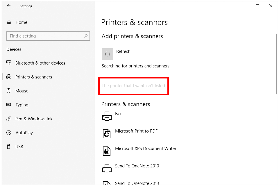 Снимок экрана: принтер не указан по ссылке в Windows 10