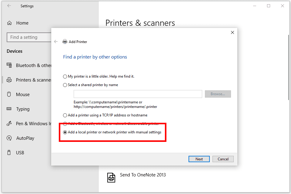 Снимок экрана опции Windows 10 для добавления локального принтера