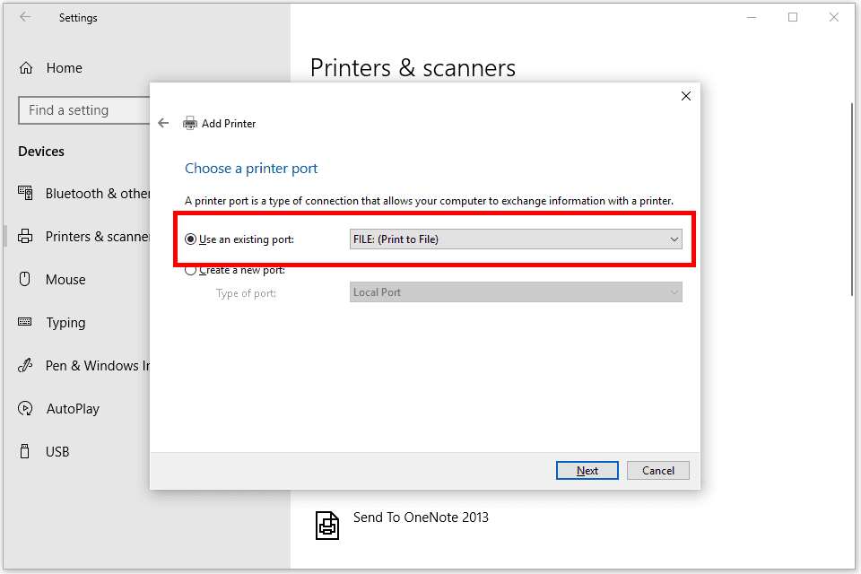 Снимок экрана с параметрами порта принтера в Windows 10