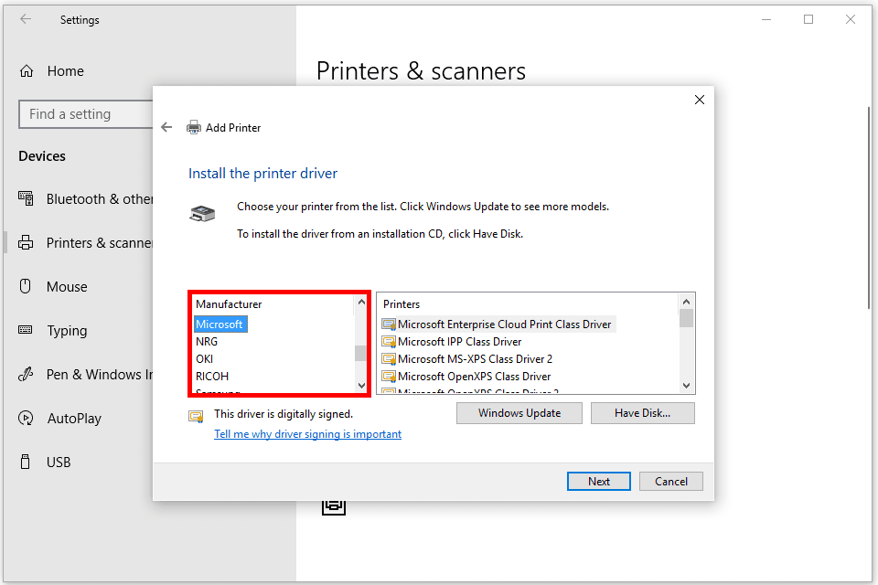 Снимок экрана опции добавления принтера в Windows 10