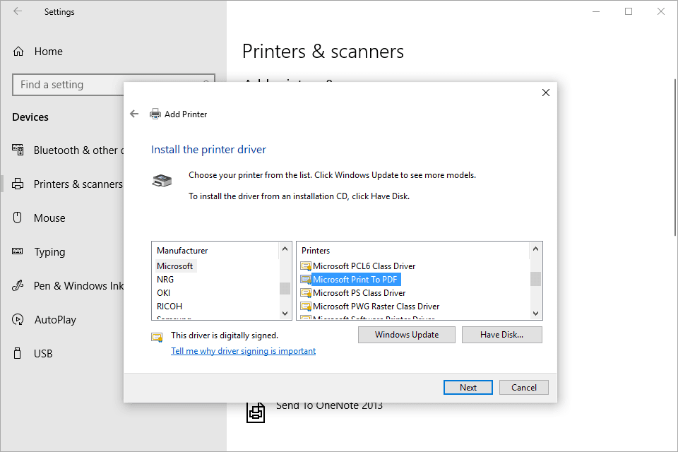 Снимок экрана, показывающий, как установить принтер Windows 10 PDF