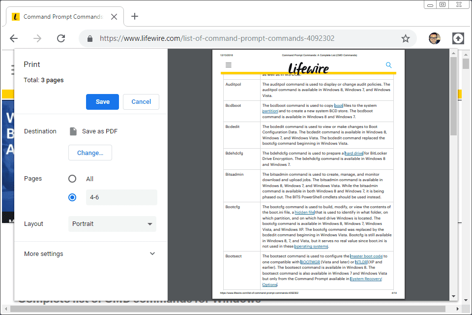 Снимок экрана опции сохранения в PDF в Chrome