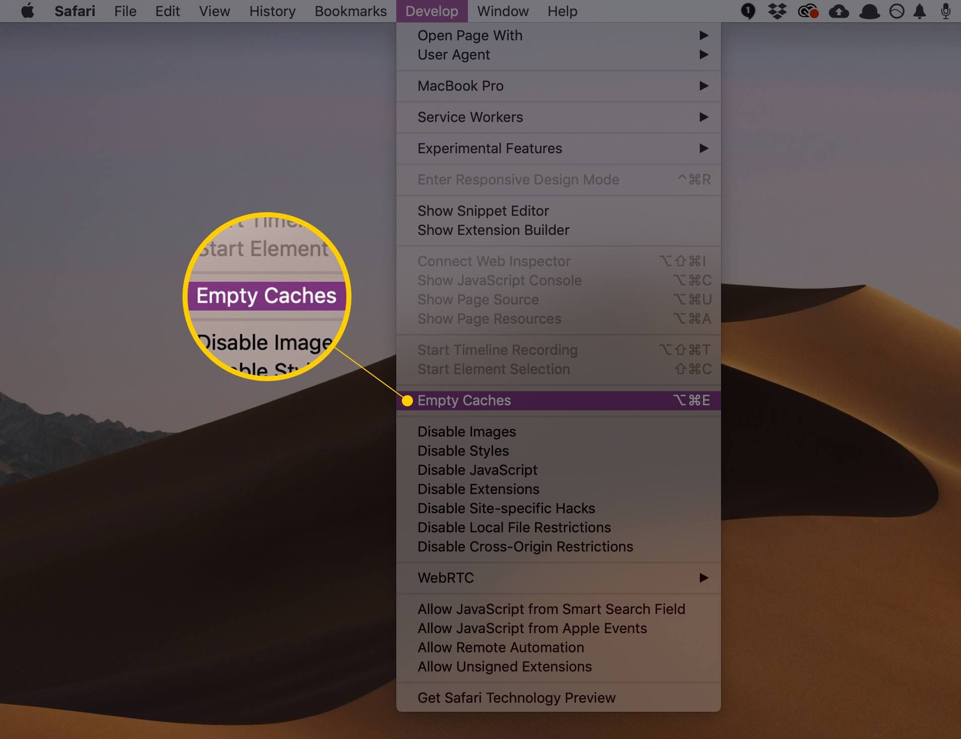 Кнопка меню Очистить кеши в Safari's Develop menu