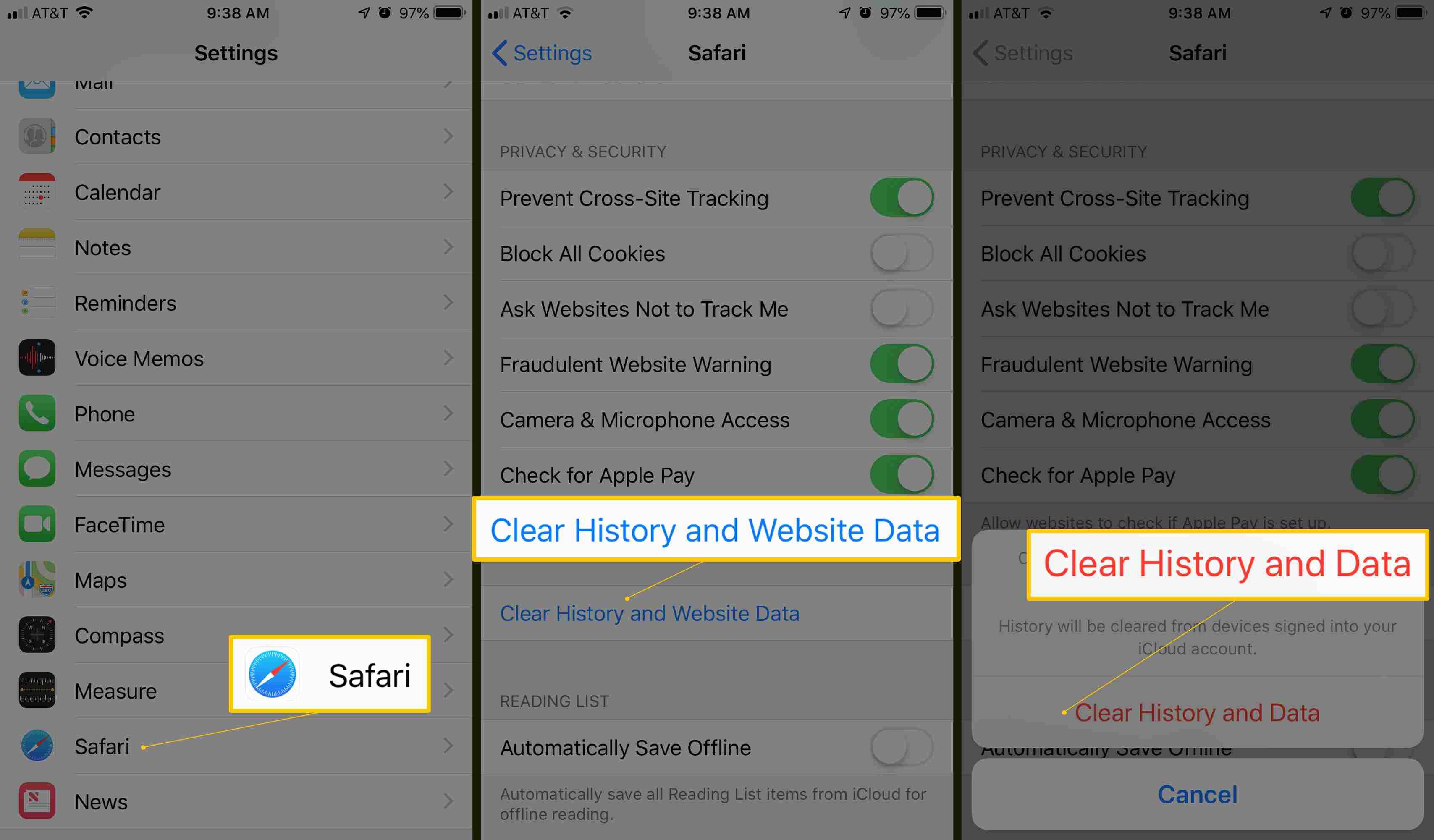 Настройки iOS для Safari, Очистить историю и Данные веб-сайта, а также кнопку Очистить историю и Подтверждение данных