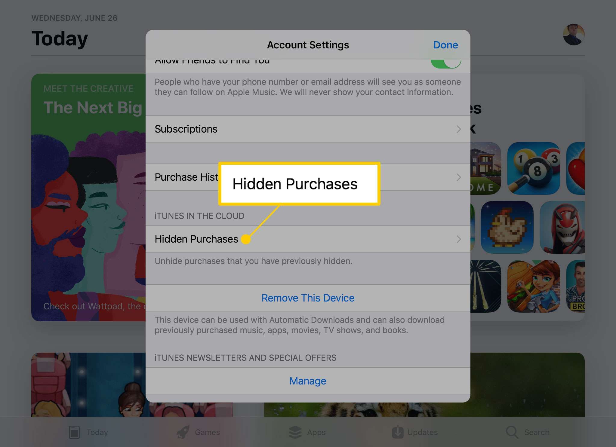 Опция Скрытые покупки в App Store на iPad