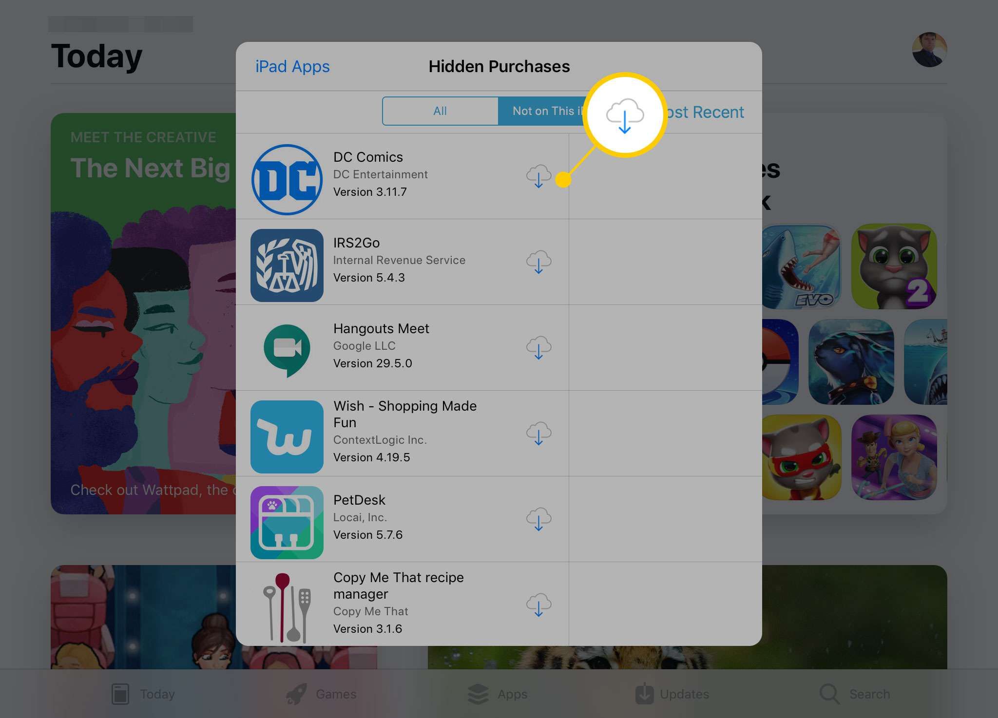 Экран скрытых покупок в App Store на iPad