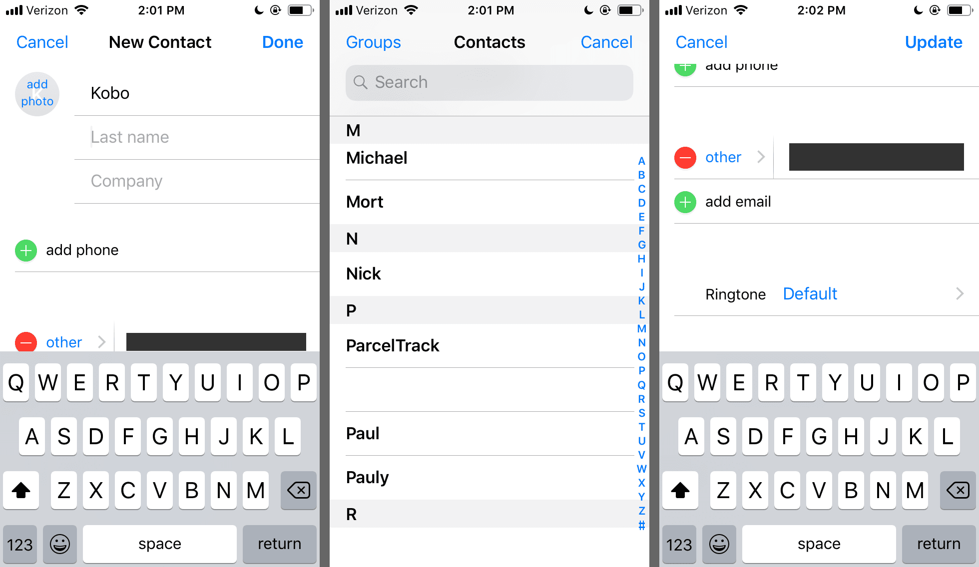 Снимок экрана - новый экран контактов и контактов на iPhone