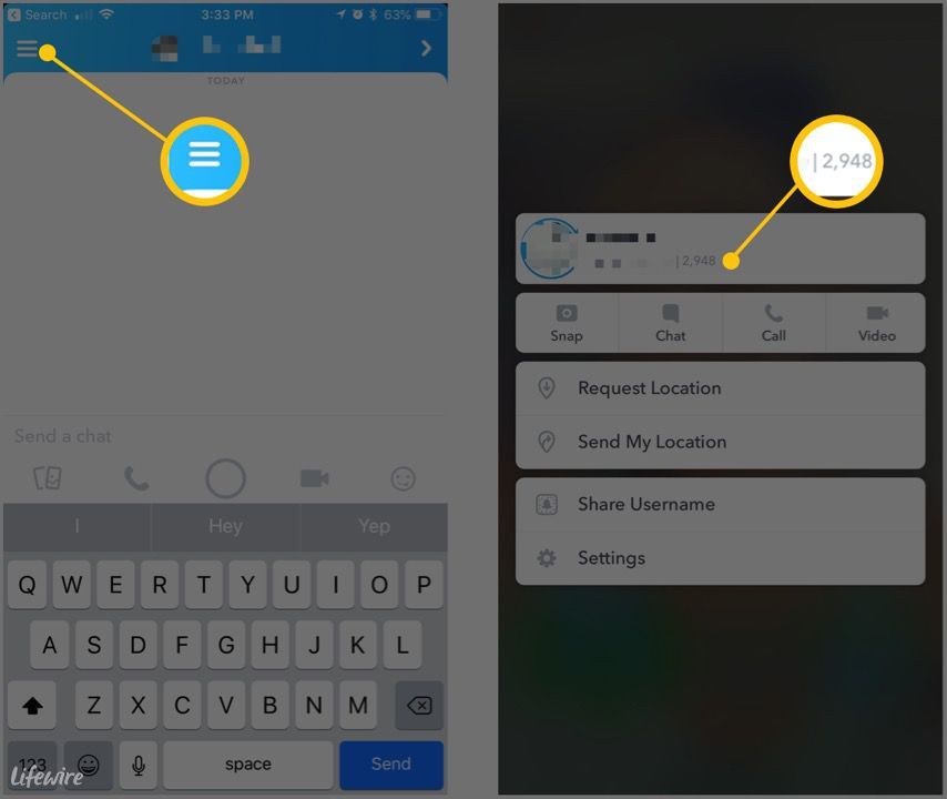 Снимок экрана экранов Snapchat с фокусом на меню и оценкой пользователя Snapchat