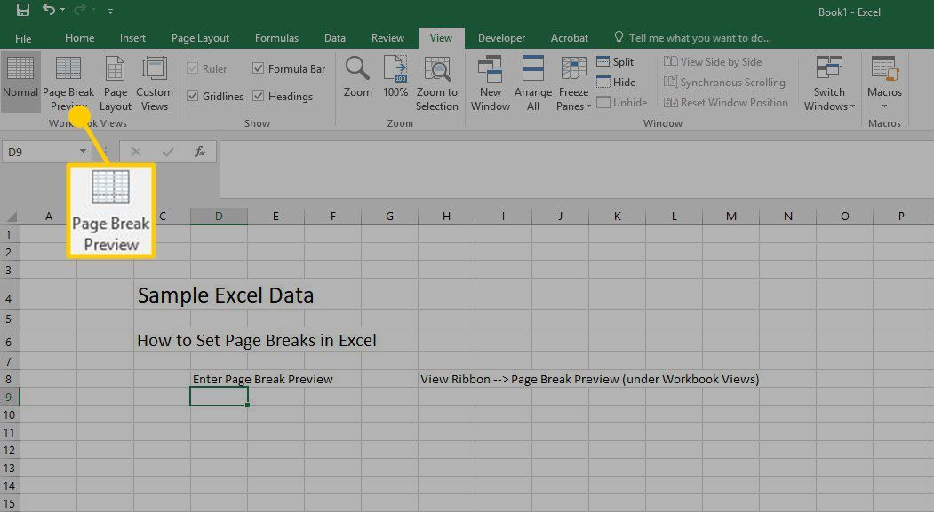 Расположение предварительного просмотра разрыва страницы в Excel.