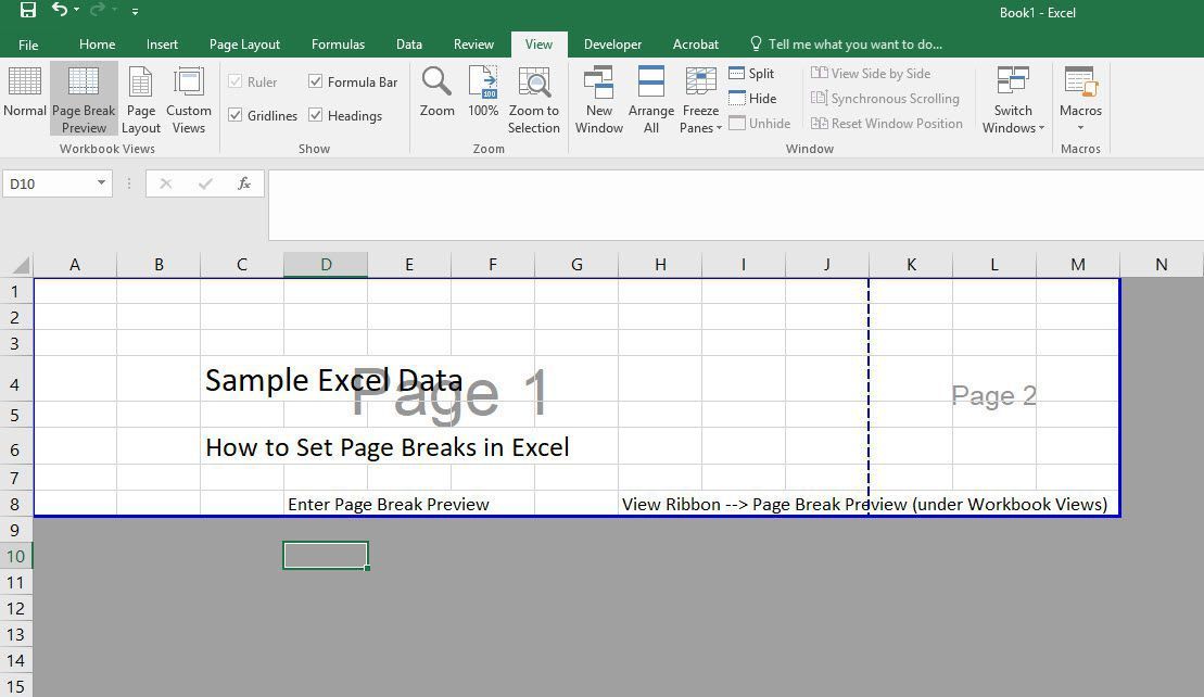 Просмотр автоматических разрывов страниц в Excel с помощью предварительного просмотра разрывов страниц.