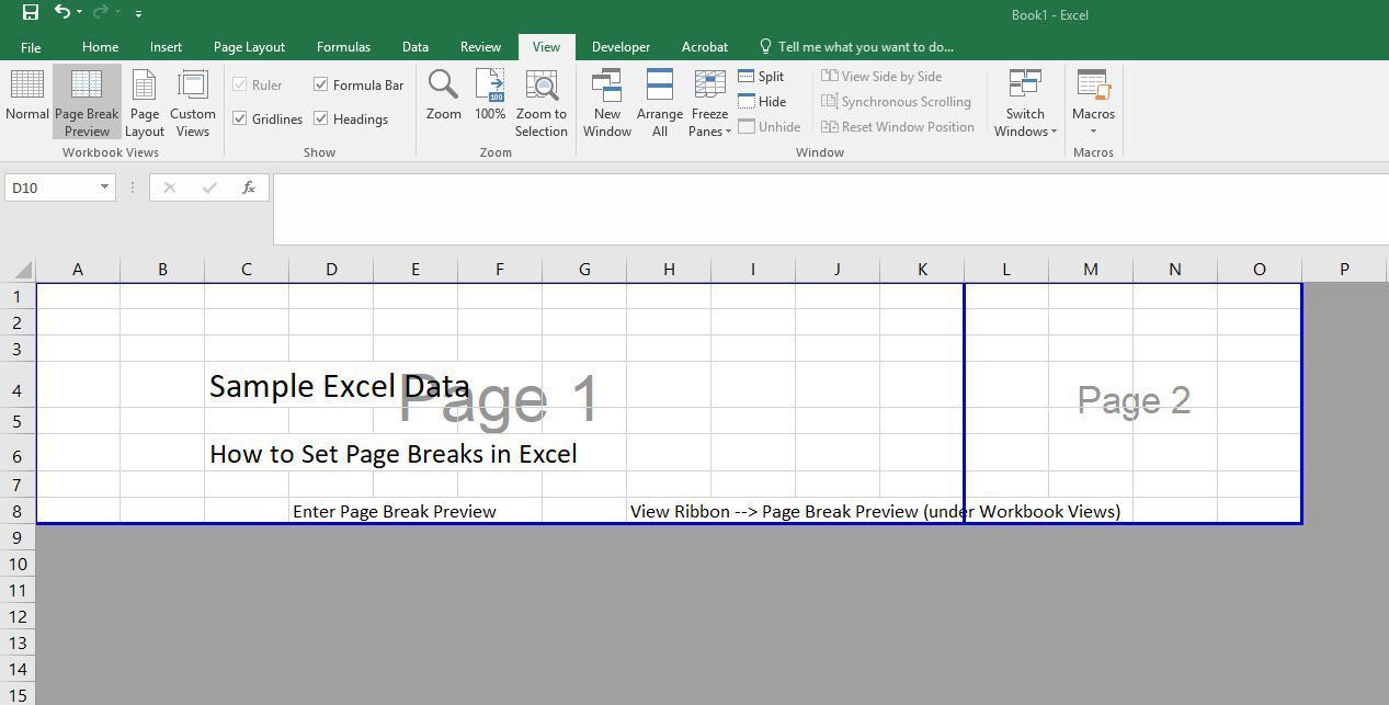 Как изменить автоматический разрыв печати на ручной разрыв печати в Excel.