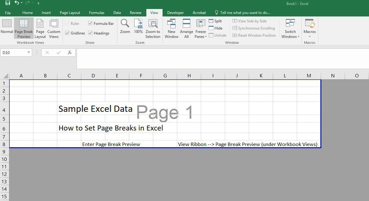 Удаление пустой страницы из предварительного просмотра в Excel с использованием перерывов.