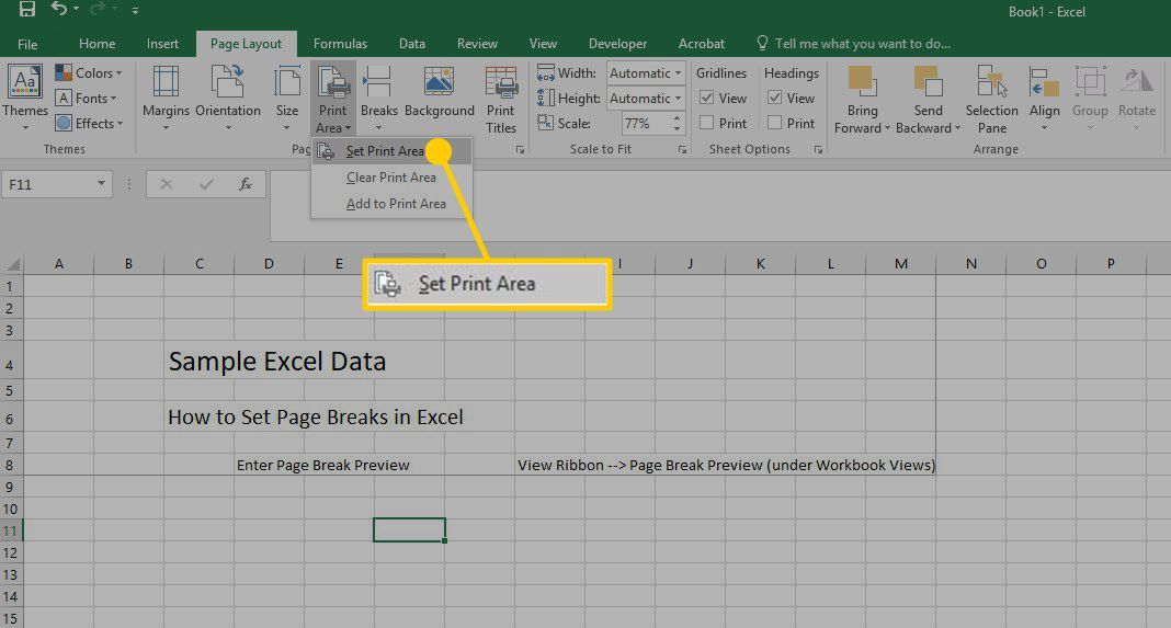 Расположение параметра «Задать область печати» в Excel.