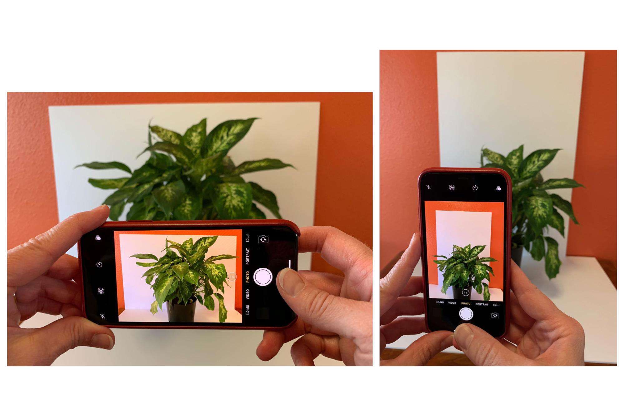 Левое изображение показывает iPhone в горизонтальной ориентации; правое изображение показывает iPhone в портретной ориентации