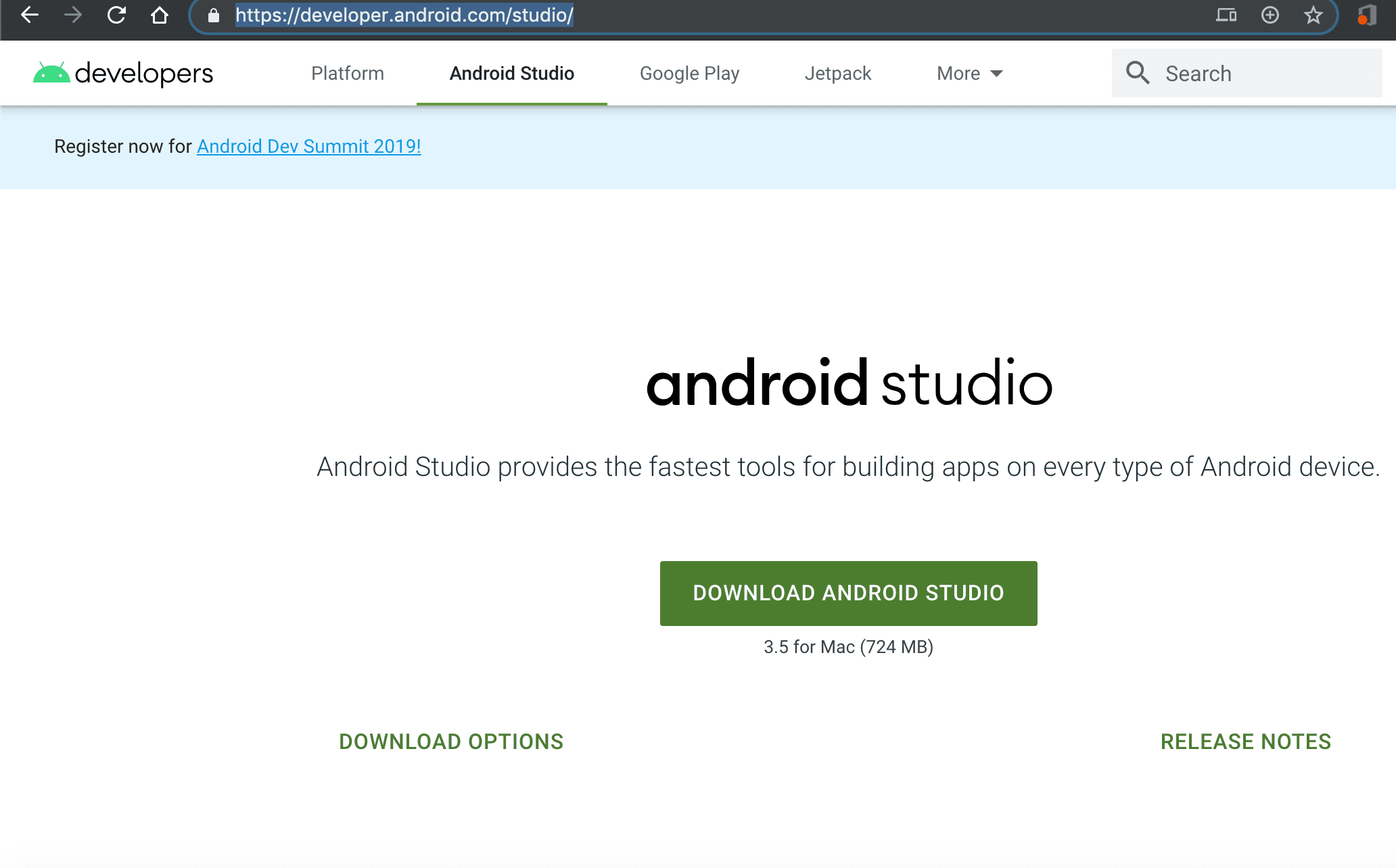скриншот сайта Android Studio