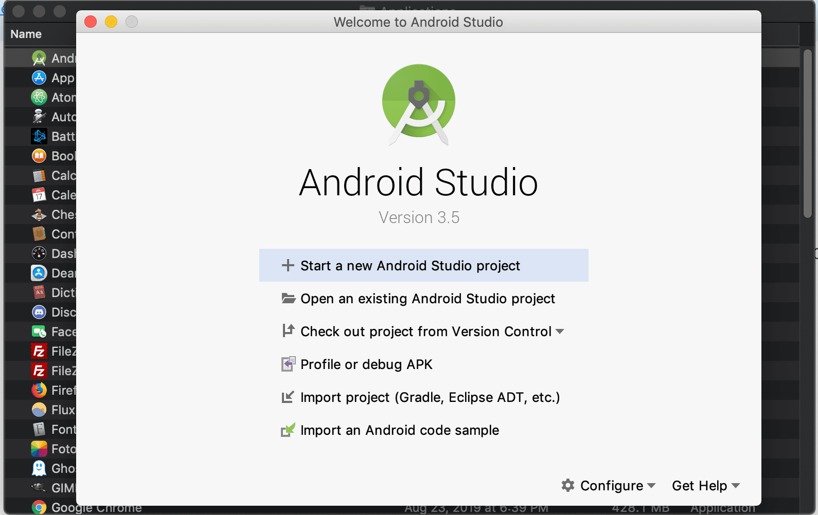 снимок экрана экрана Добро пожаловать в Android Studio