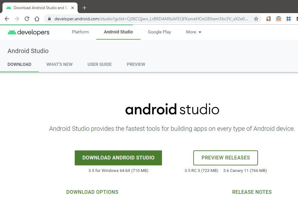 скриншот страницы загрузки Android Studio в Windows