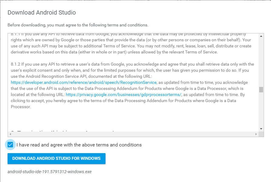 скриншот пользовательского соглашения Android Studio