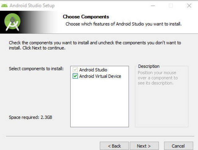 снимок экрана Android Studio Выбор компонентов экрана