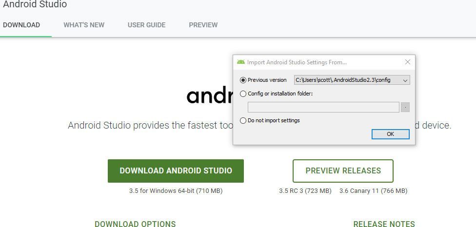 снимок экрана интерфейса настроек импорта в Android Studio