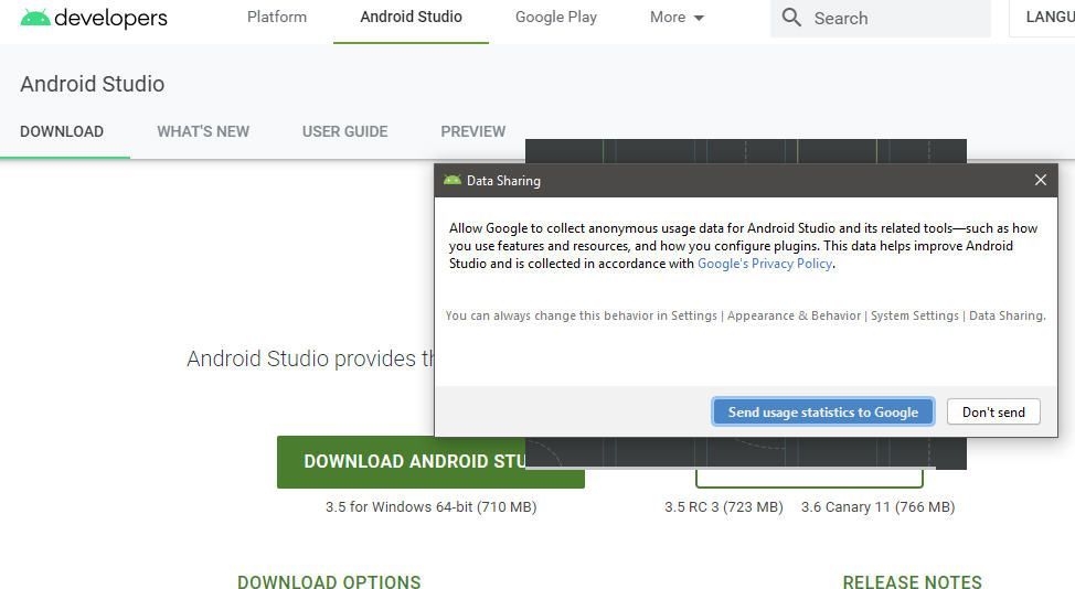 снимок экрана Android Studio для обмена данными