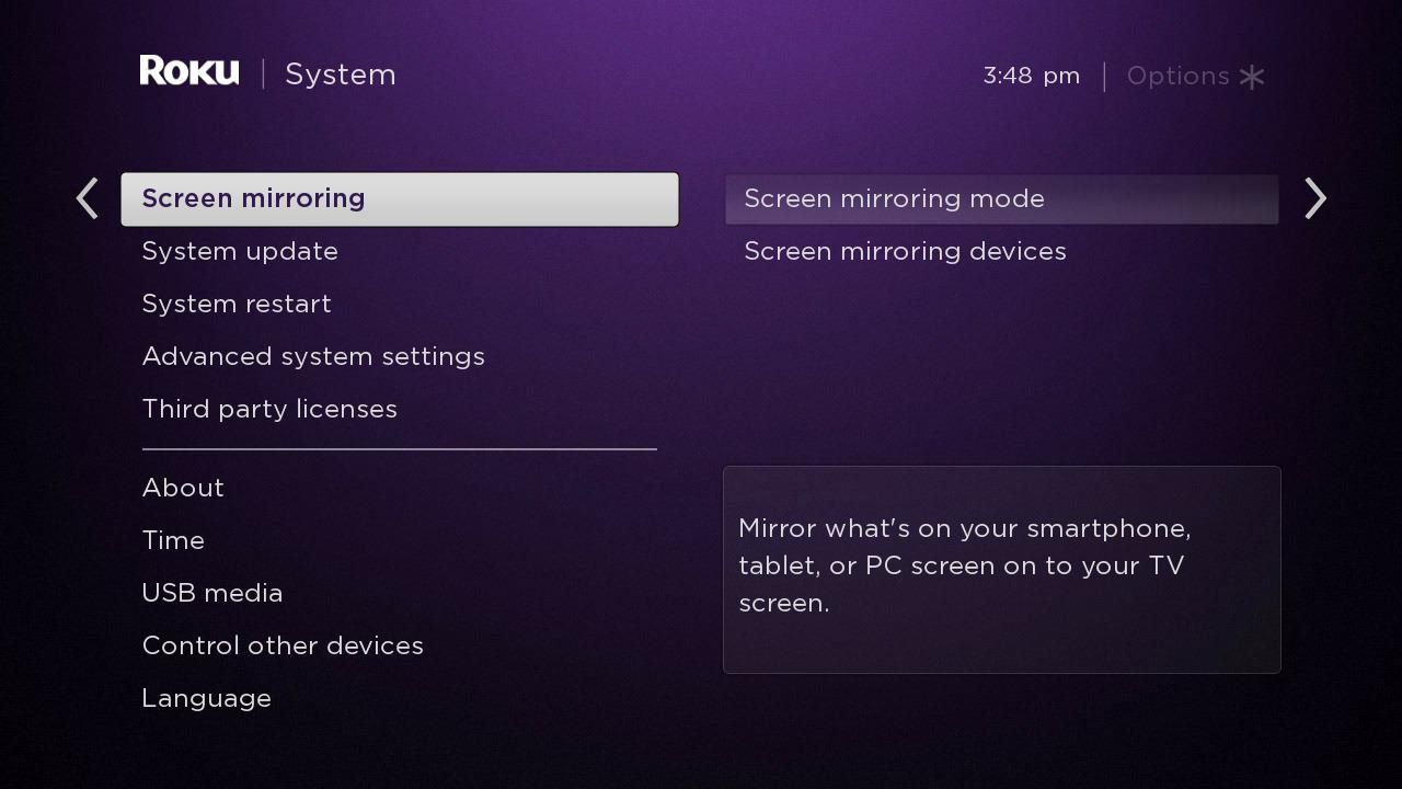 Roku's Screen mirroring Settings screen