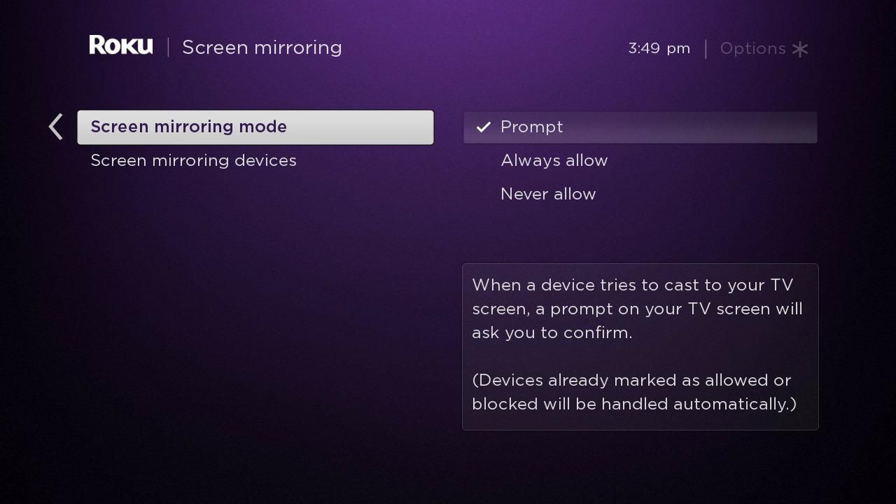 Roku's Screen Mirroring mode options