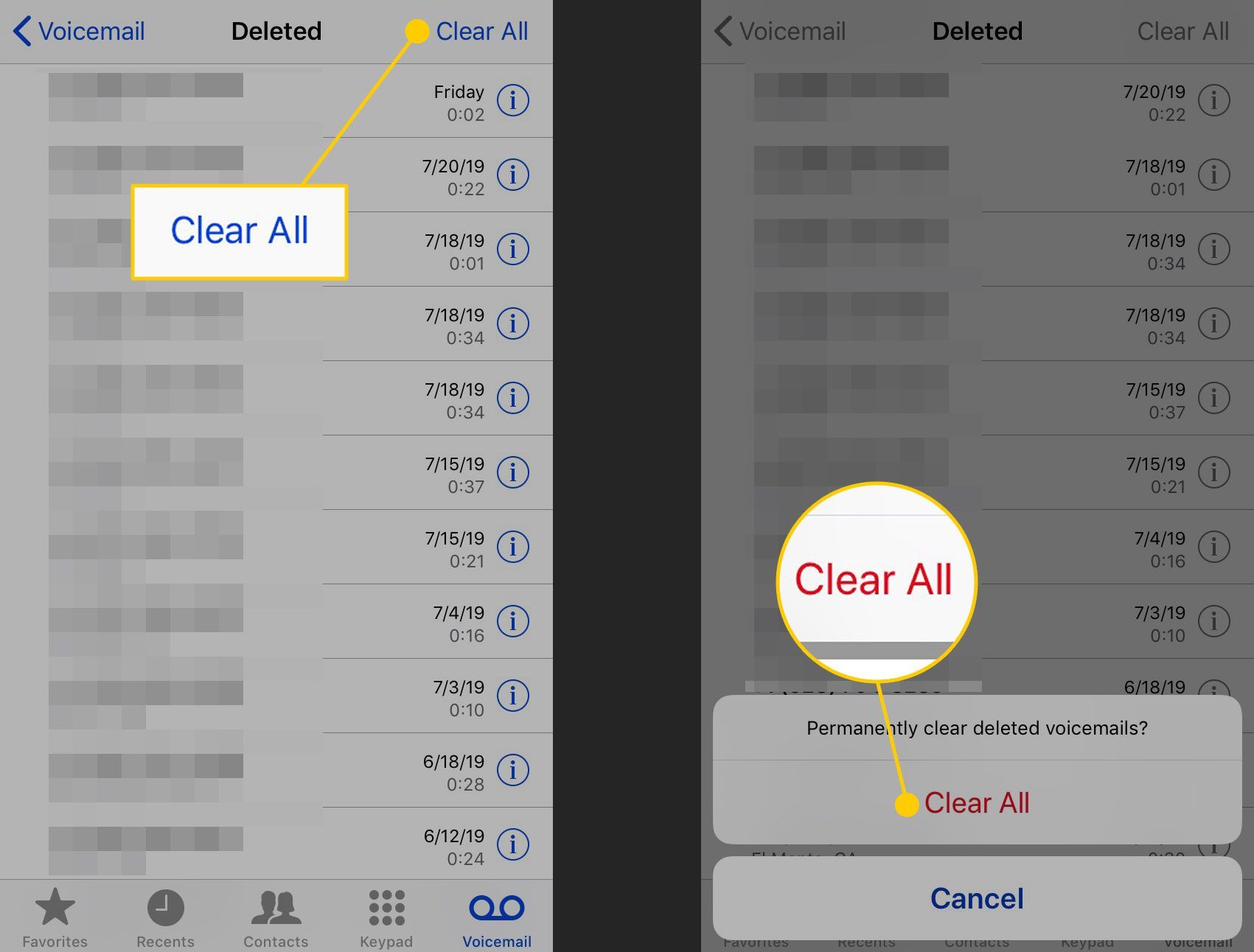 Удаление всех удаленных голосовых сообщений на iPhone с выделенной командой «Очистить все» и подтверждением