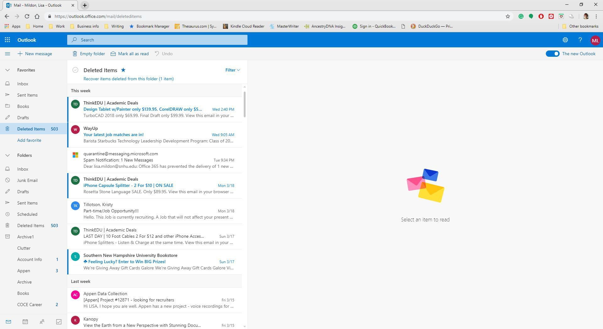 Просмотр удаленных элементов из Outlook в Интернете.
