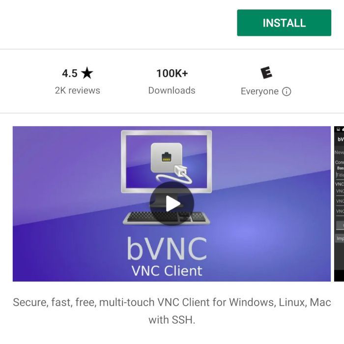 Снимок экрана установки bVNC.